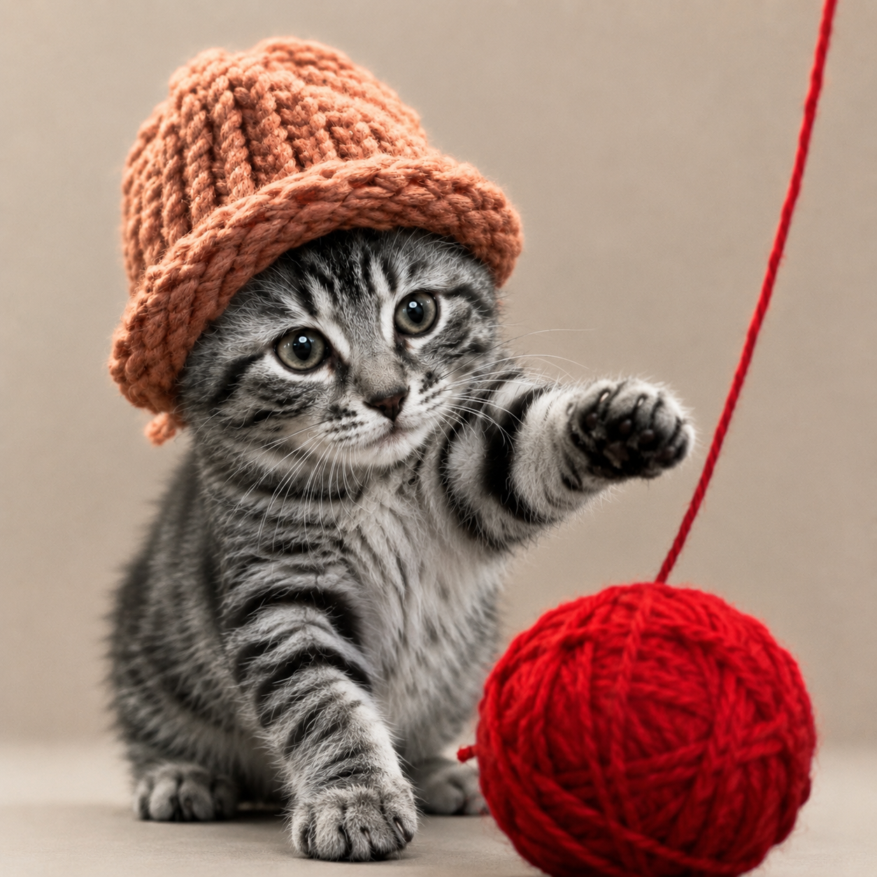 Kitten playing with yarn