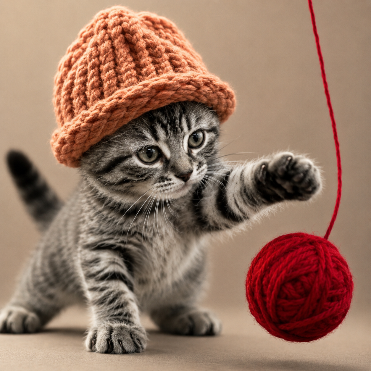 Kitten reaching for yarn